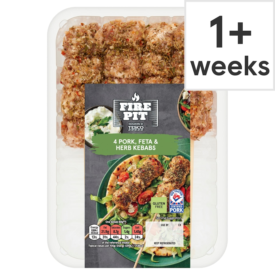Tesco Fire Pit 4 Pork, Feta & Herb Kebabs 400G