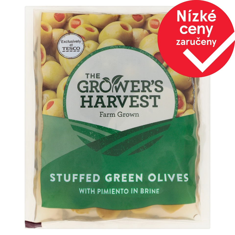 The Grower's Harvest Zelené olivy plněné paprikovou pastou ve slaném nálevu 195g