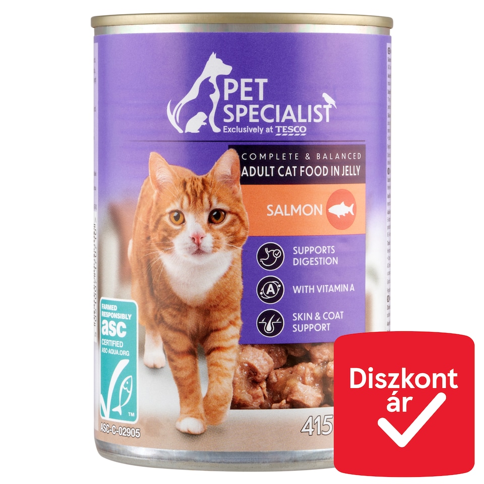 Pet Specialist teljes értékű állateledel felnőtt macskák számára, falatkák lazaccal aszpikban 415 g
