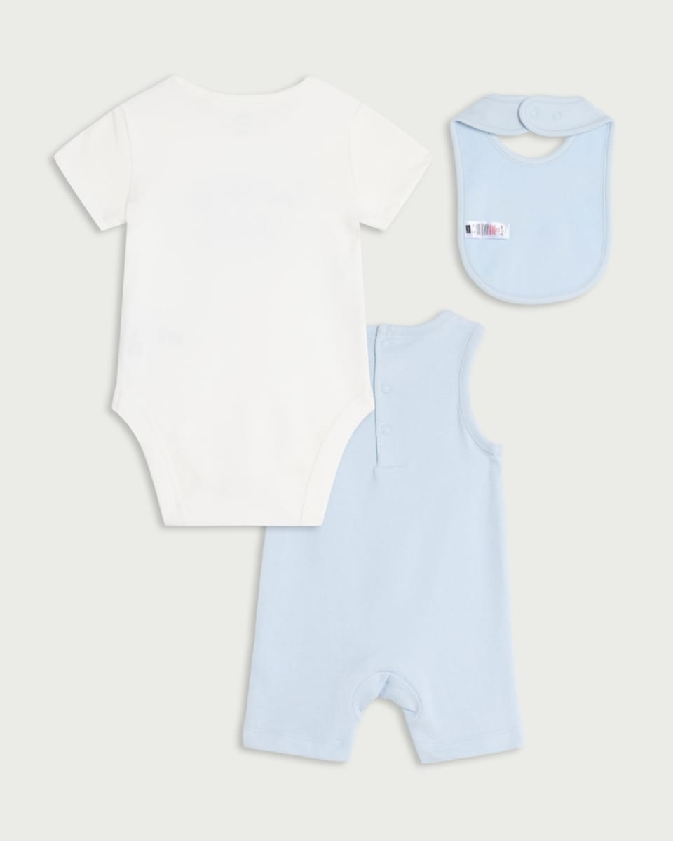 image 1 of F&F Baby 3-Piece Happy Vibes Bodysuit, Romper and Bib Set in Blue
