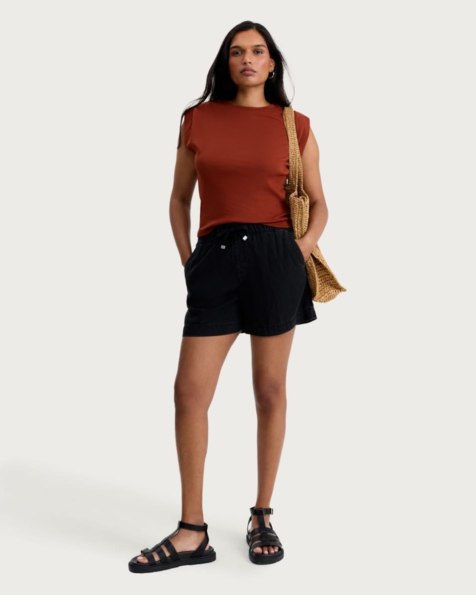 image 1 of F&F Pure Lyocell Drawstring Shorts in Black