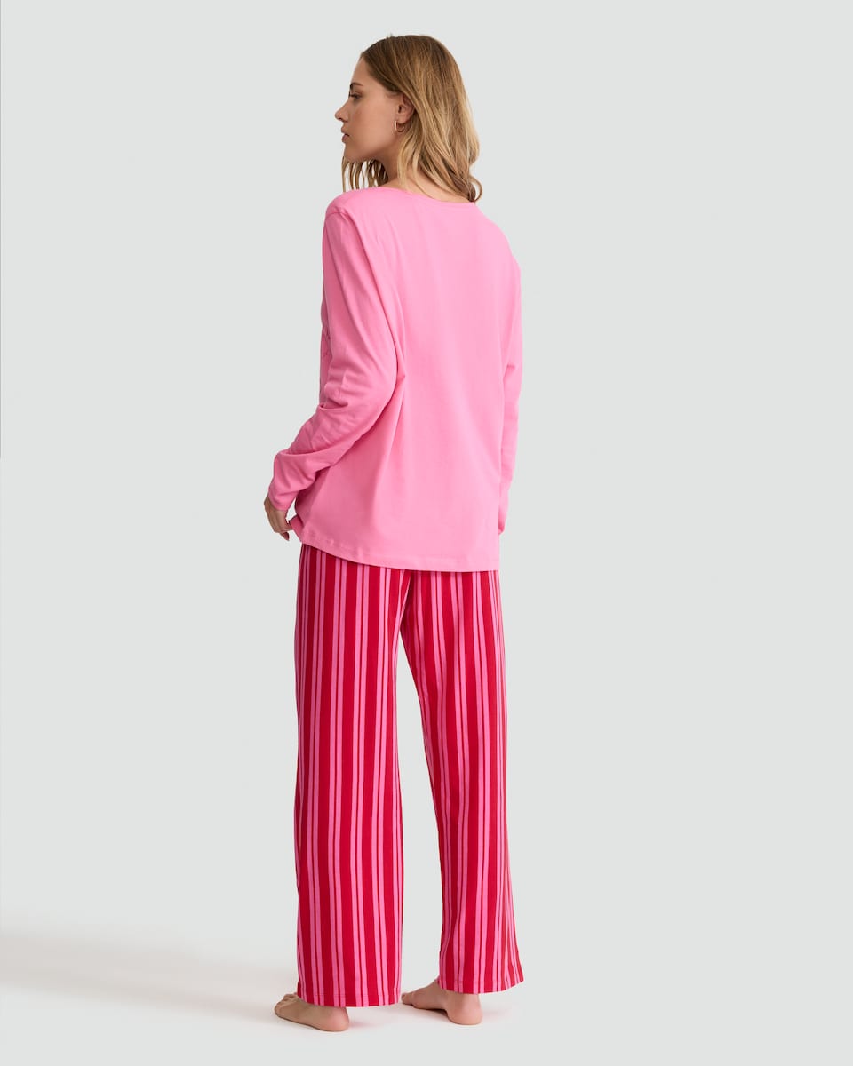 image 1 of F&F Pure Cotton Brunch Club Top and Wide Leg Bottoms Pyjamas in Pink
