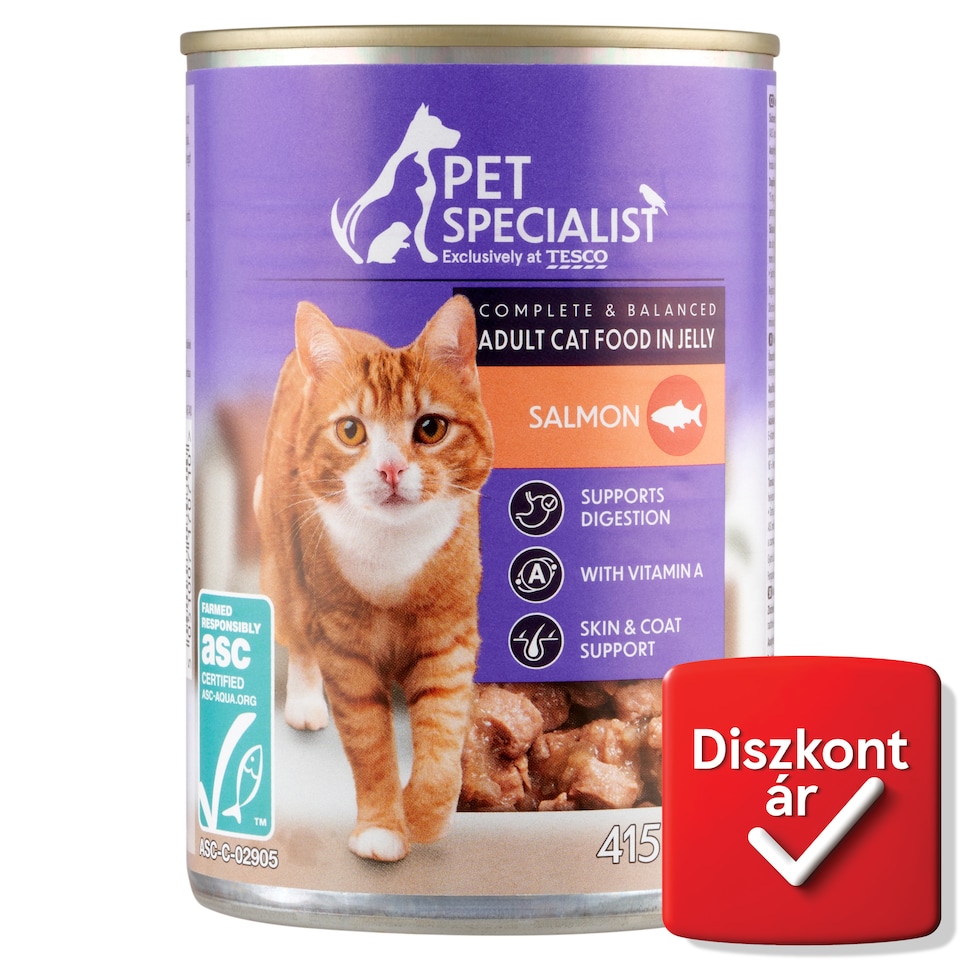 Pet Specialist teljes értékű állateledel felnőtt macskák számára, falatkák lazaccal aszpikban 415 g