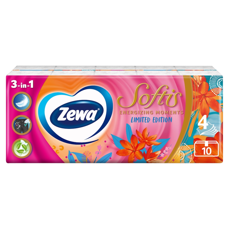 Zewa Softis Energizing Moments illatosított papír zsebkendő 4 rétegű 10 x 9 db  1. kép