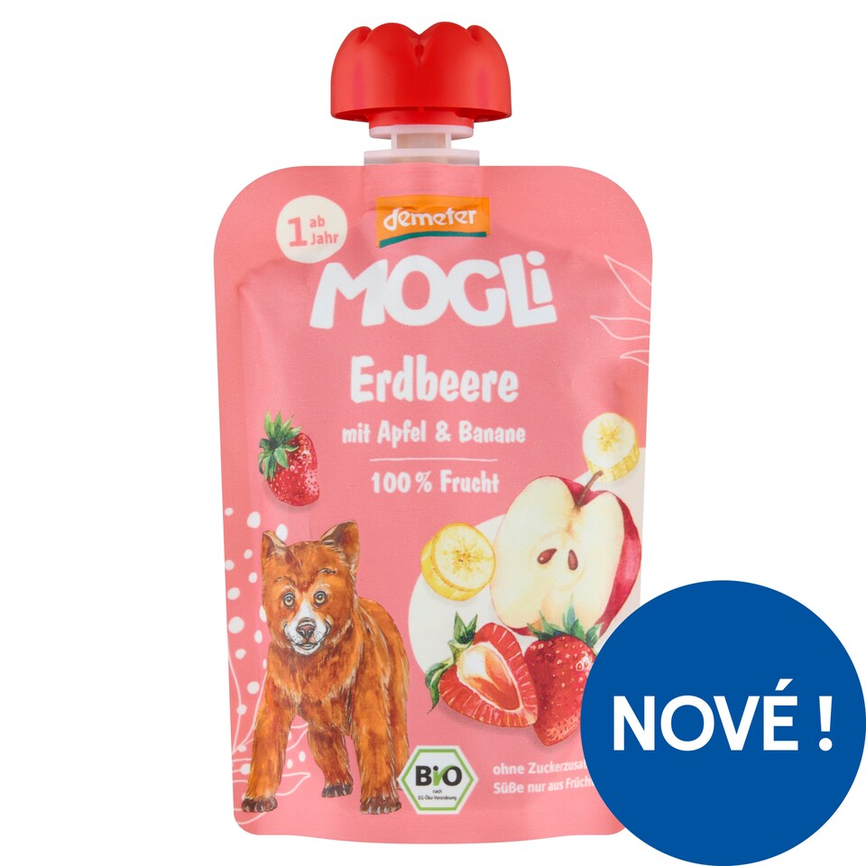 Mogli Bio jahodová kapsička s jablkem a banánem 100g
