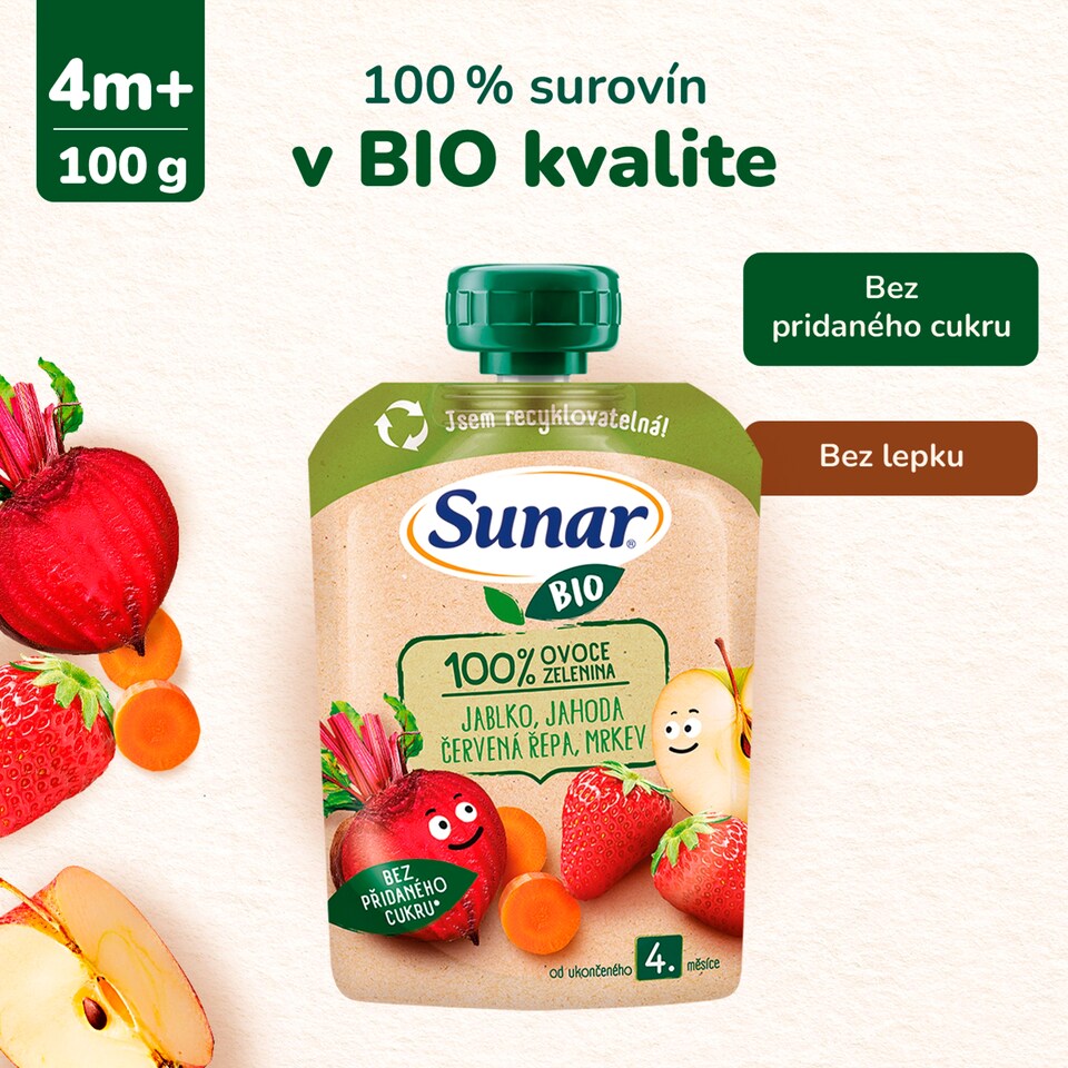 obrázok 1 z Sunar BIO ovocno-zeleninová kapsička Jablko, jahoda, červená repa, mrkva 4m+, 100 g