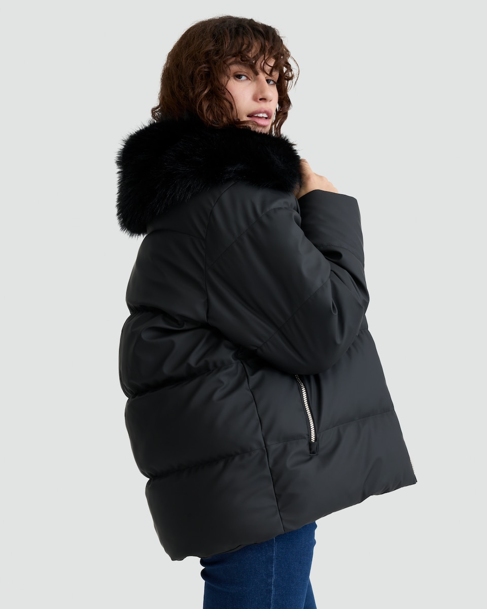 image 1 of F&F Faux Fur Collar Shower Resistant Puffer Jacket in Black