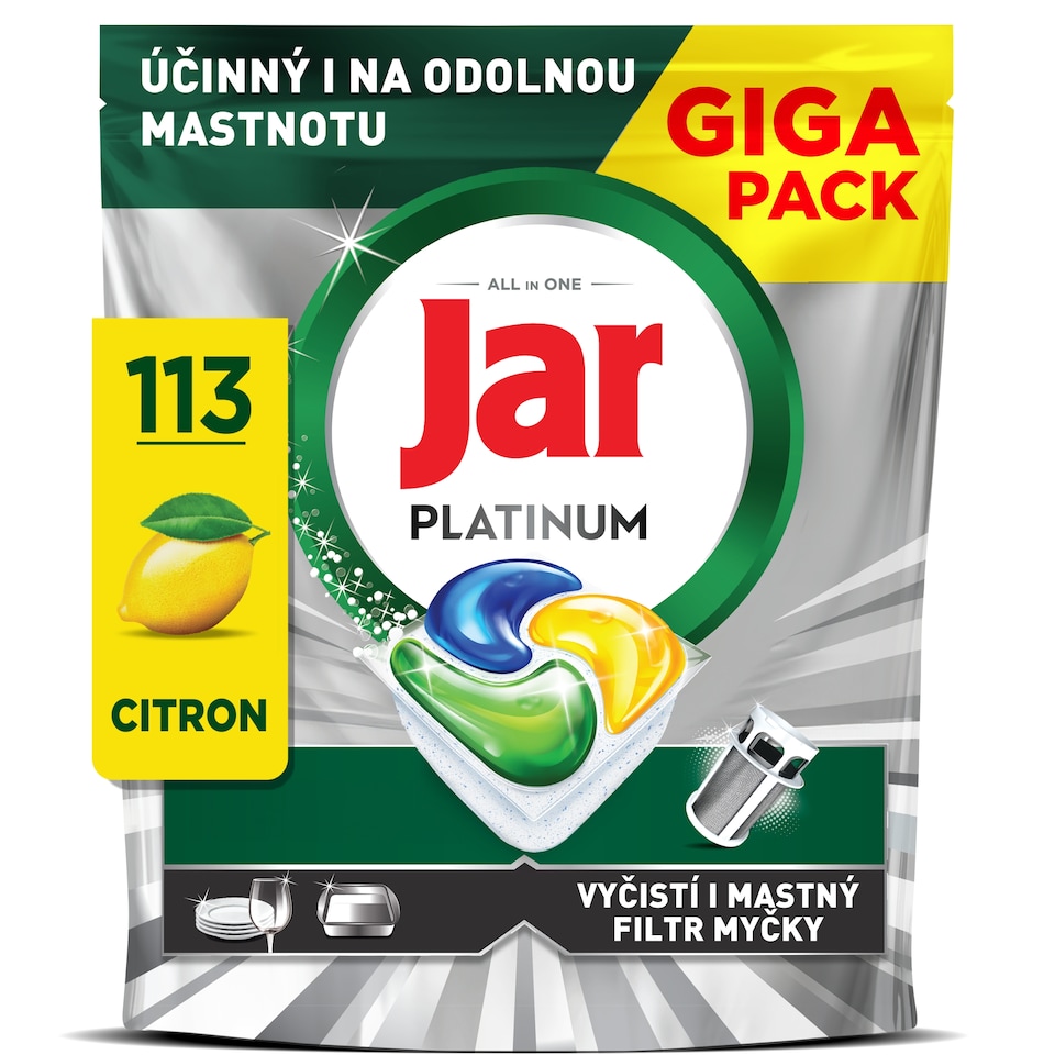 Obrázek 1 pro produkt Jar Platinum Kapsle Do Myčky Nádobí, Lemon, , 113 Kapsle,  Zvládá Náročné Výzvy, Čistí Mastný Filtr