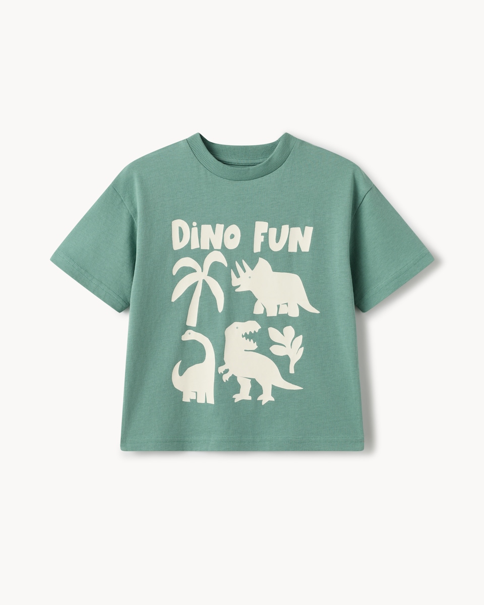 image 1 of F&F Boys Pure Cotton Dinosaur T-Shirt in Teal