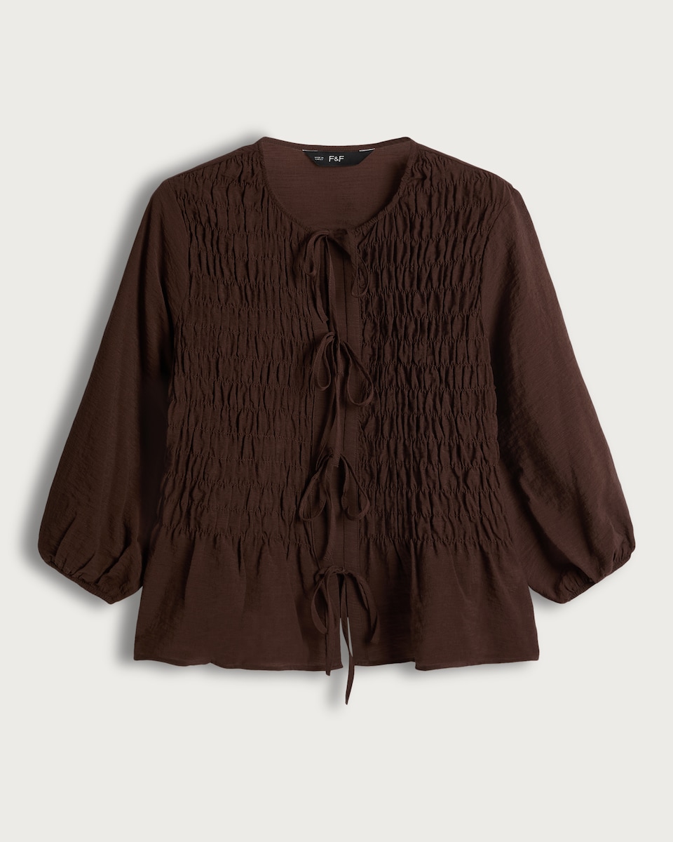 F&F Textured Smocked Tie-Front Blouse in Brown