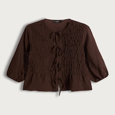 F&F Textured Smocked Tie-Front Blouse in Brown