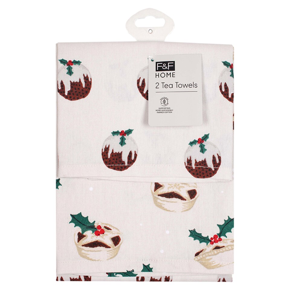 F&F Home Christmas Pudding Tea Towels 2 Pack