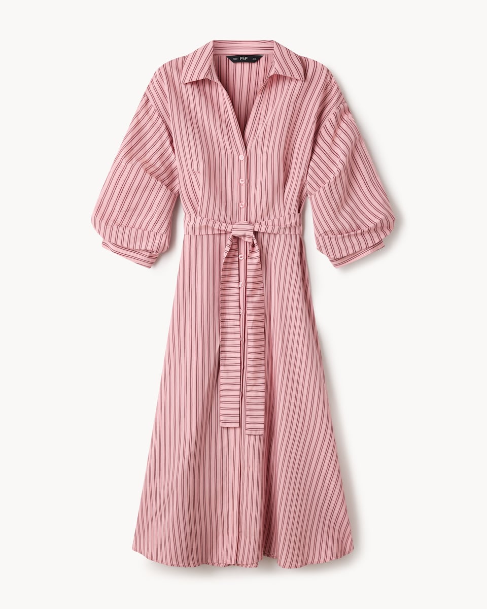 image 1 of F&F Striped Puff Sleeved Midi Dress in Pink