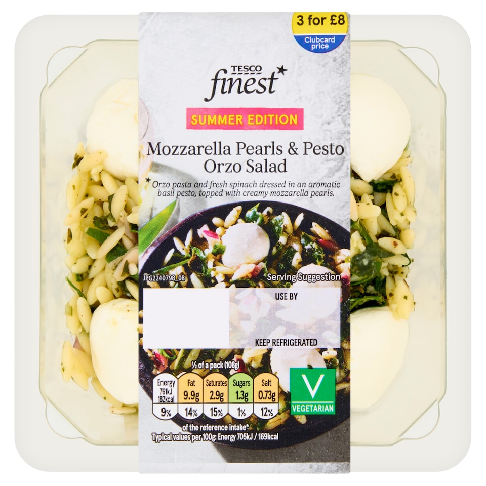 image 1 of Tesco Finest Mozzarella Pearls & Pesto Orzo Salad 215g