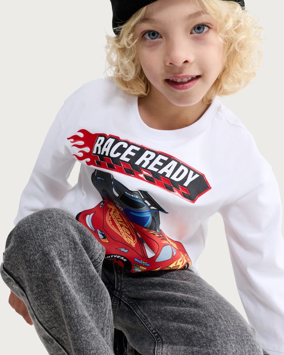 image 1 of Disney Cars Pure Cotton Race Ready Long Sleeved Top in White
