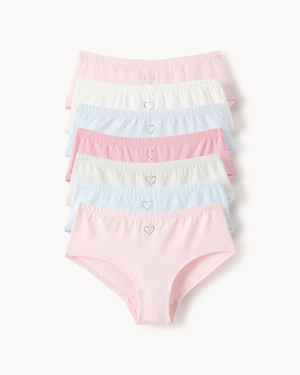 image 1 of F&F Girls 7-Pack Cotton Rich Diamanté Heart Briefs in Multi