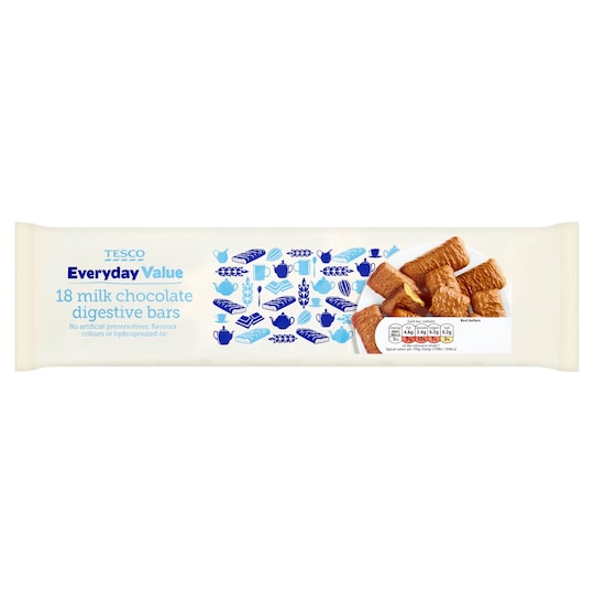 Tesco Everyday Value Milk Chocolate Digestive Bars 18 Pack 338G Tesco