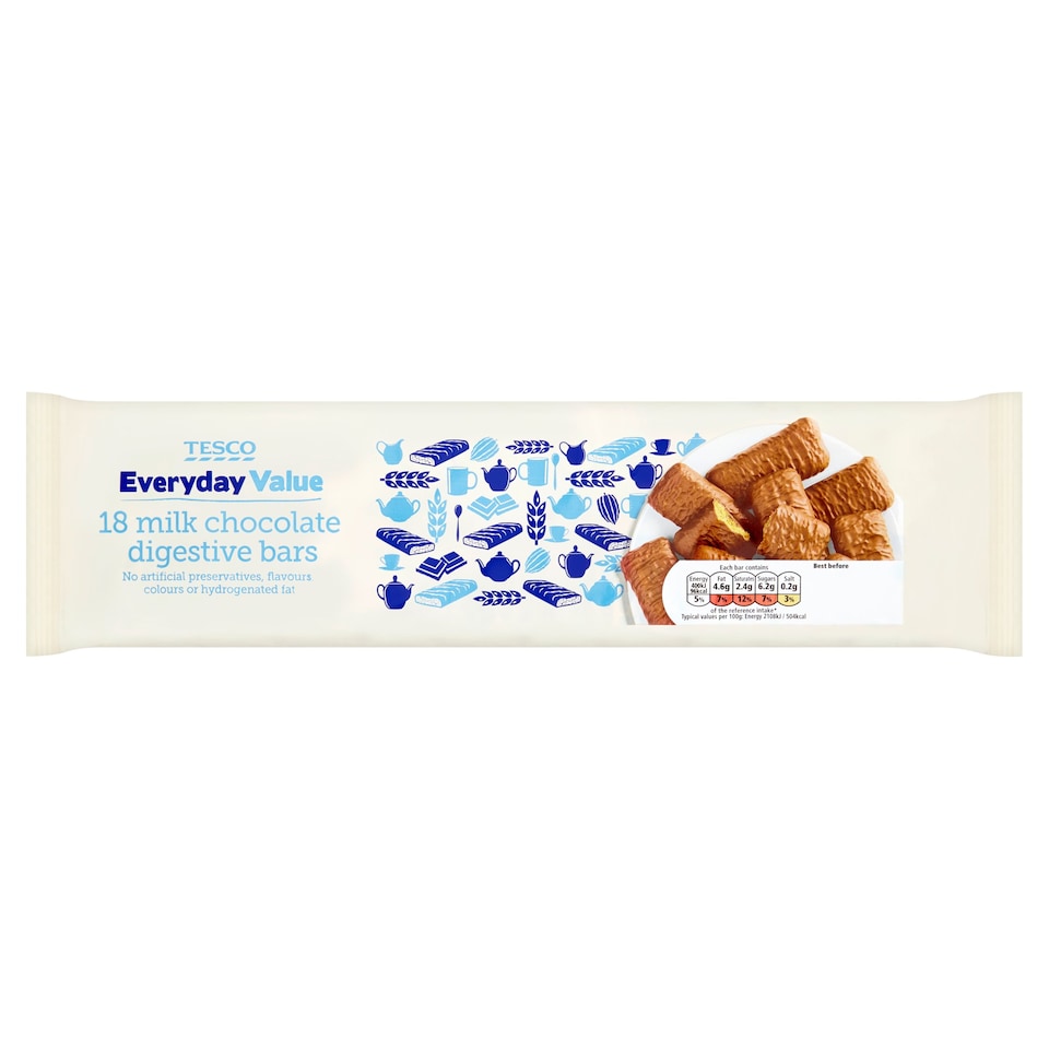 Tesco Everyday Value Milk Chocolate Digestive Bars 18 Pack 338G