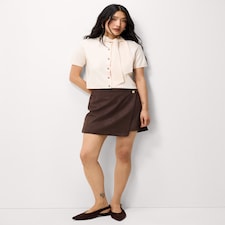 F&F Short Sleeved Tie Neck Knitted Top in Neutral