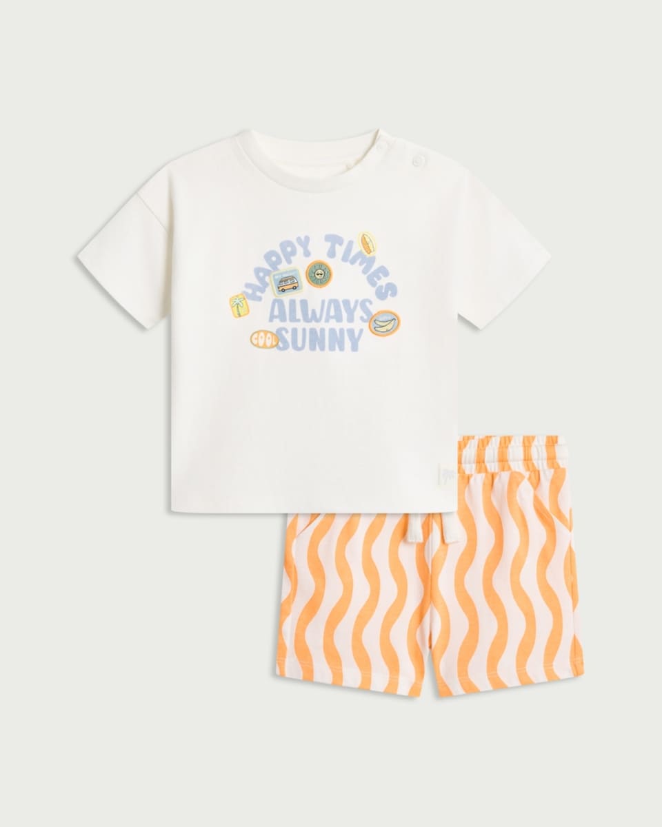 image 1 of F&F Baby 2-Piece Pure Cotton Happy Times T-Shirt and Shorts Set in White