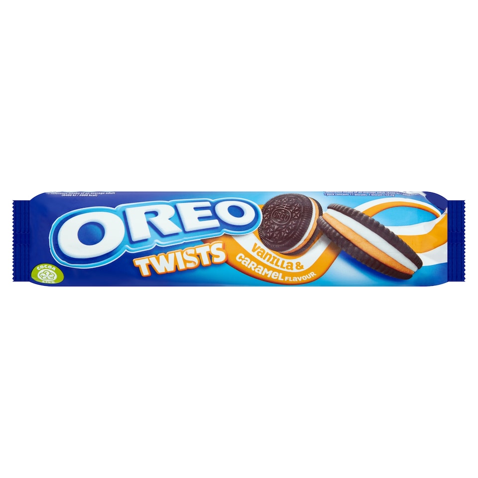 image 1 of OREO Twists Vanilla & Caramel Cookie Sandwich Biscuits 157G