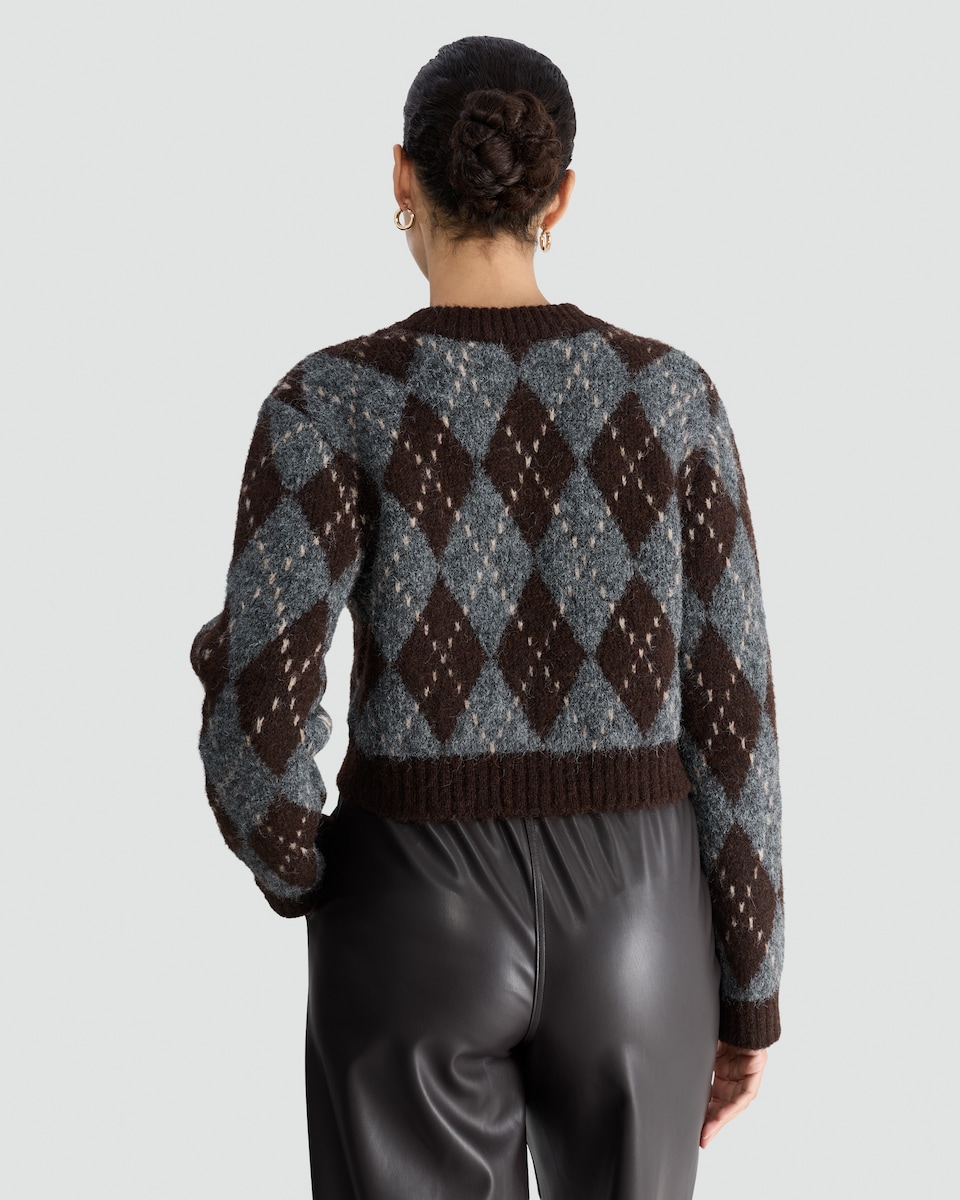 image 1 of F&F Textured Argyle Button Front Cardigan with Wool in Chocolate