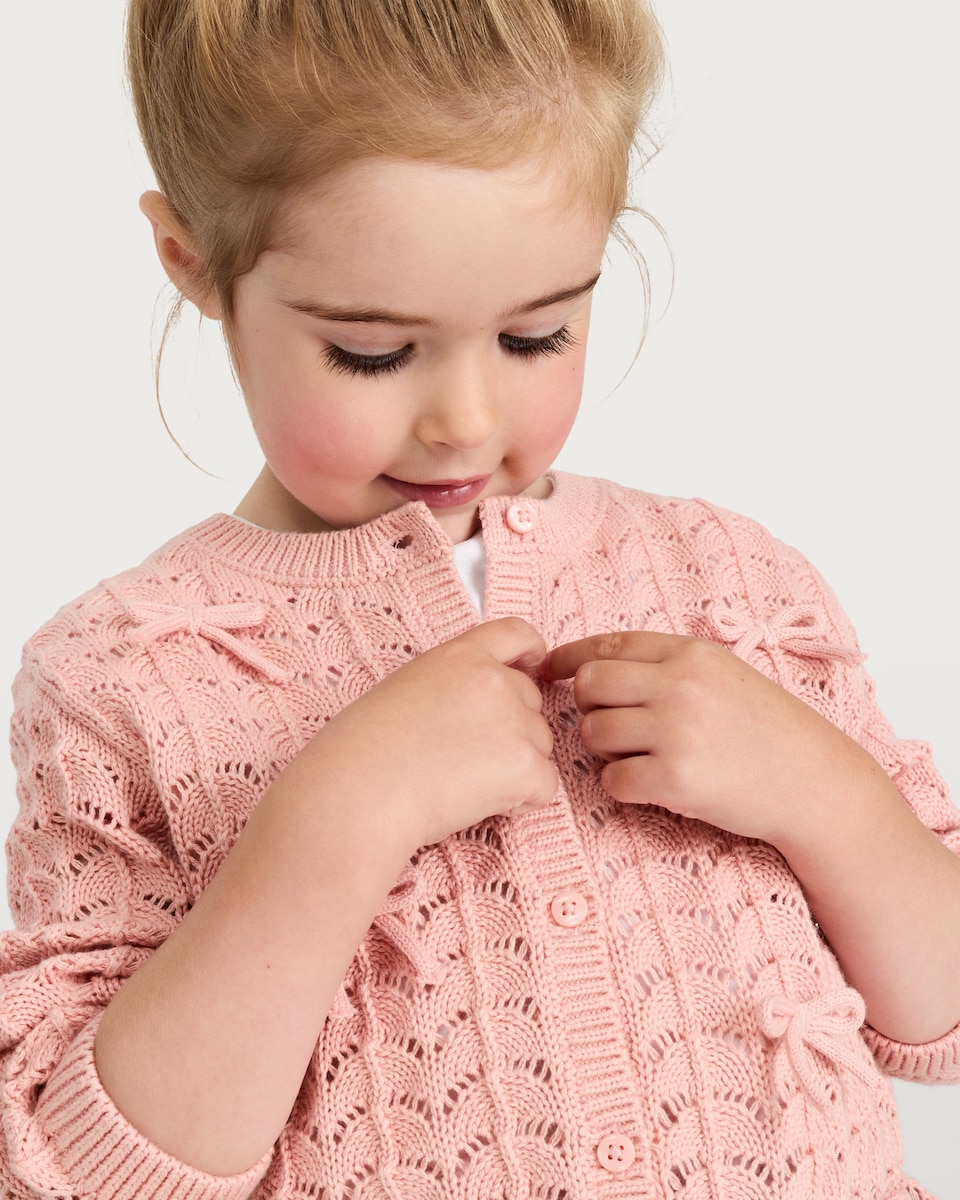 image 1 of F&F Girls Pure Cotton Bow Detail Knitted Cardigan in Pink