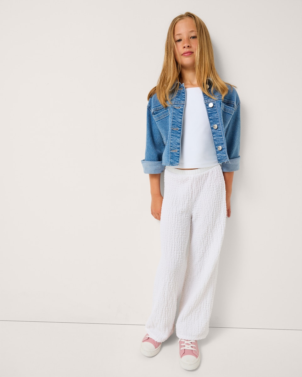 image 1 of F&F Girls Textured Wide Leg Trousers in White