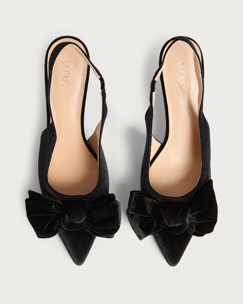 image 1 of SACHA Velvet Bow Detail Pointed Toe Slingback Heels in Black