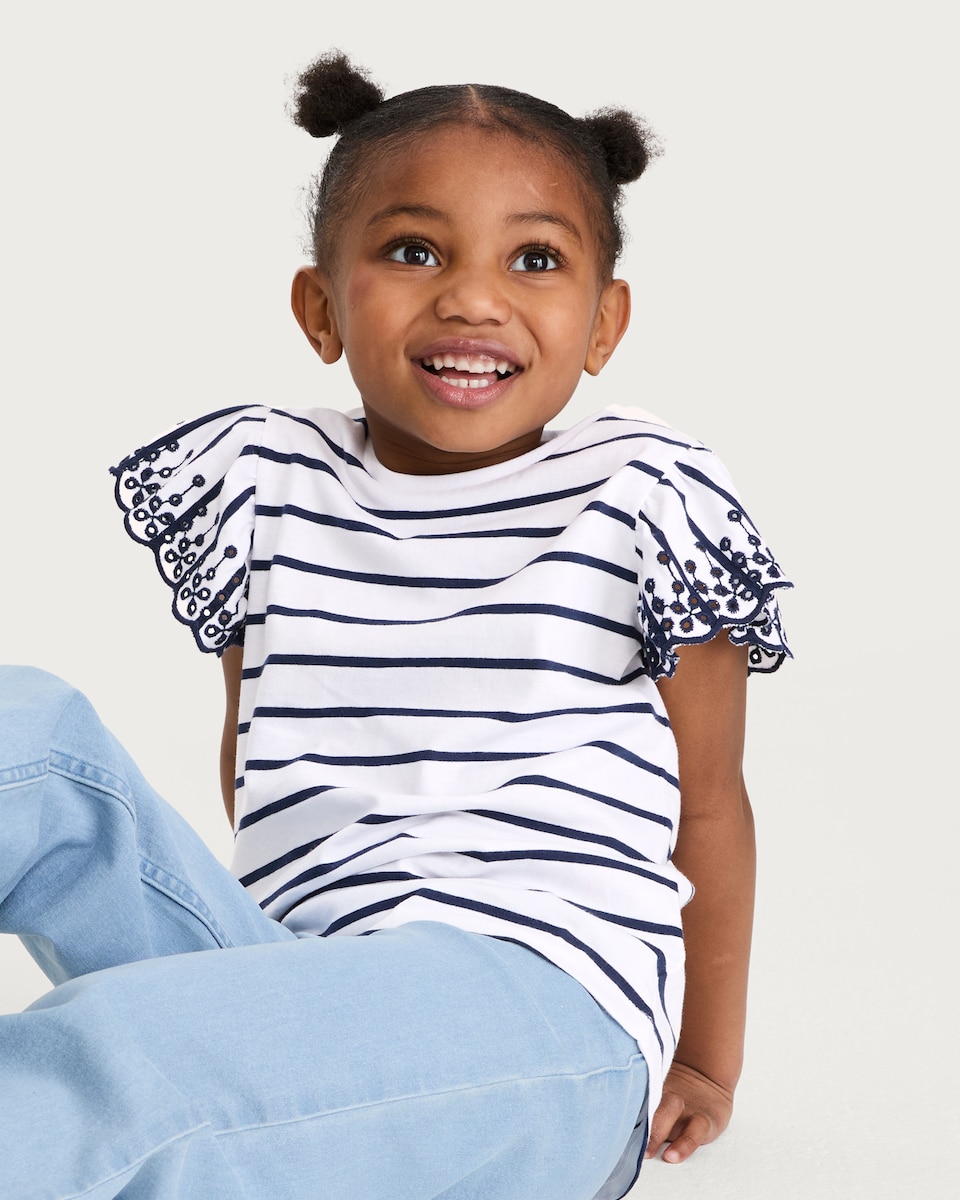 image 1 of F&F Girls 3-Pack Broderie Sleeve T-Shirts in Multi Blue