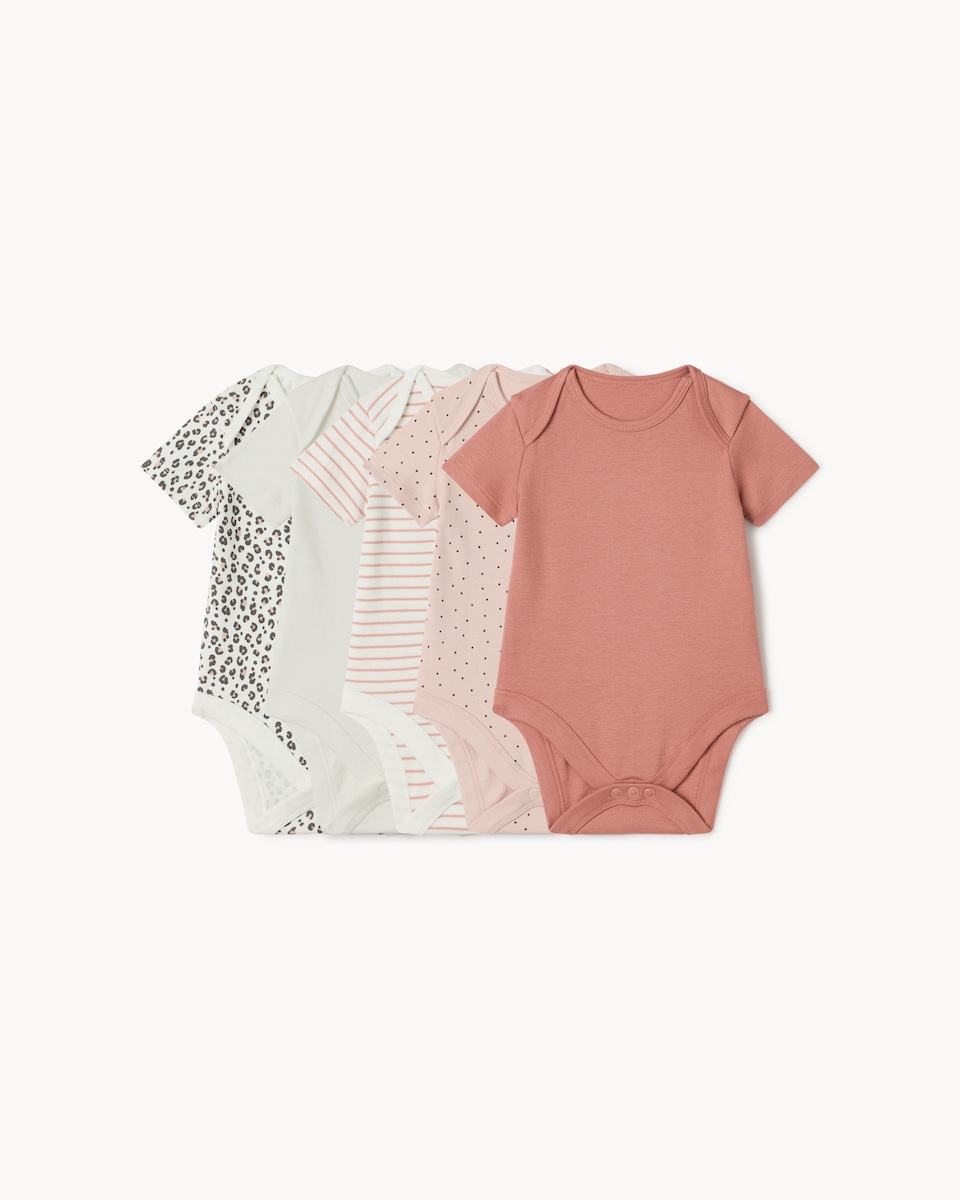 image 1 of F&F Baby 5-Pack Pure Cotton Printed Short Sleeved Bodysuits in Pink