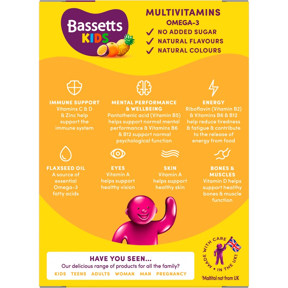 image 1 of Bassetts Kids Multivitamin Plus Omega3 7-11 years Tropical Gummies x 30
