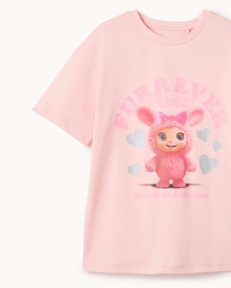 image 1 of F&F Girls Pure Cotton Monster T-Shirt in Pink
