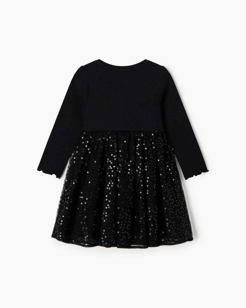 image 1 of F&F Girls Cotton Rich Sequin Tutu Dress in Black