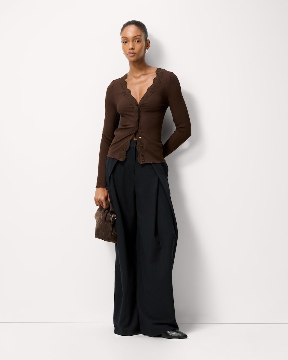image 1 of F&F Lace Trim Button Up Top in Brown