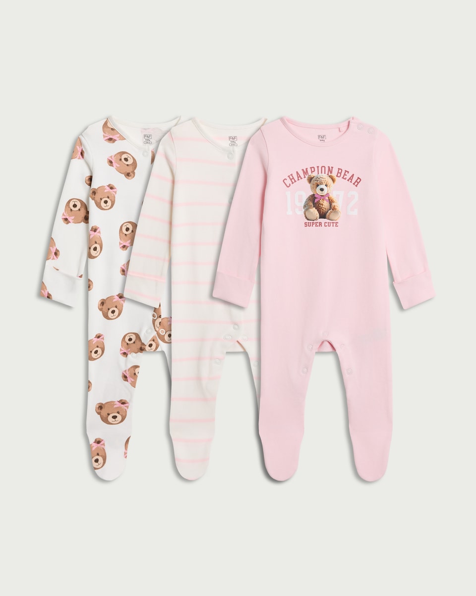image 1 of F&F Baby 3-Pack Pure Cotton Teddy Bear Printed Sleepsuits in Pink