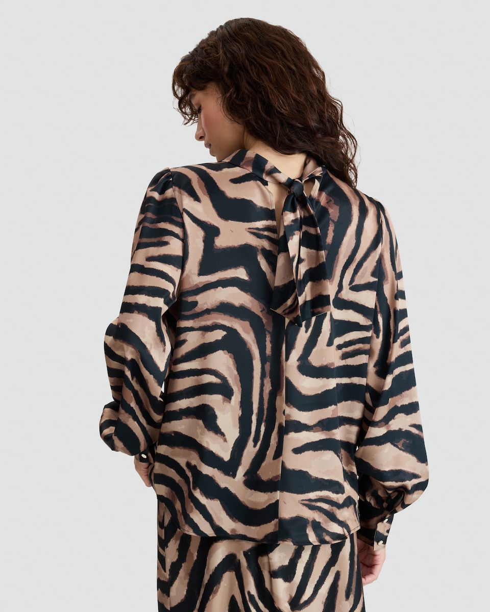 image 1 of F&F Satin Zebra Print Tie Neck Blouse in Multi Brown