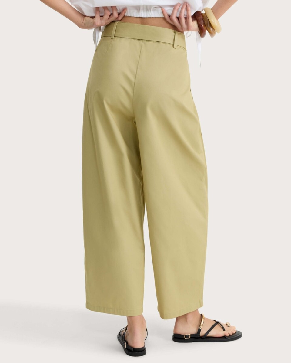 image 1 of F&F Pure Cotton Barrel Leg Belted Trousers in Green
