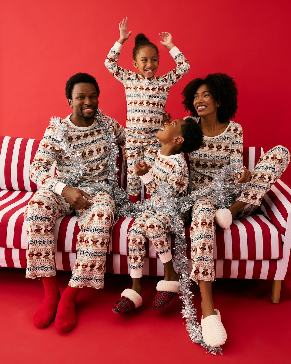 image 1 of Christmas Kids Cotton Rich Bear Fair Isle Matching Family Pyjama Set in Cream