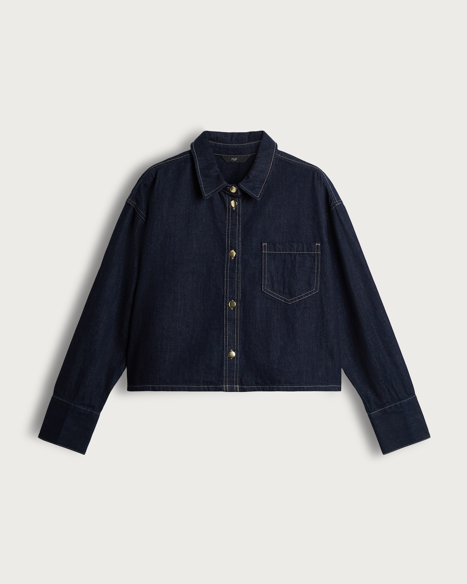 image 1 of The F&F Edit Denim Cropped Pocket Detail Co-ord Shirt in Navy