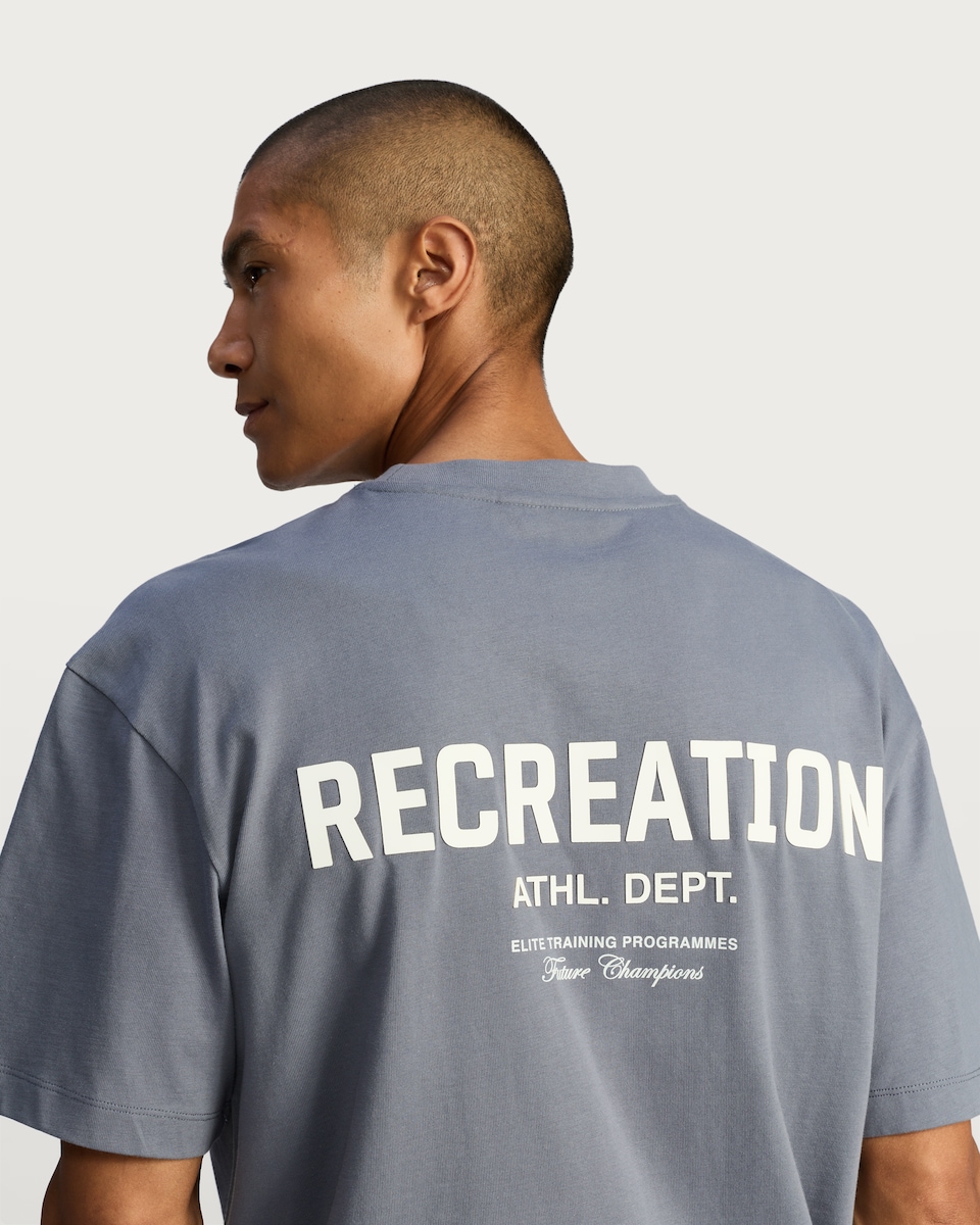 image 1 of F&F Pure Cotton Oversized Recreation Athl. Dept. Slogan T-Shirt in Blue