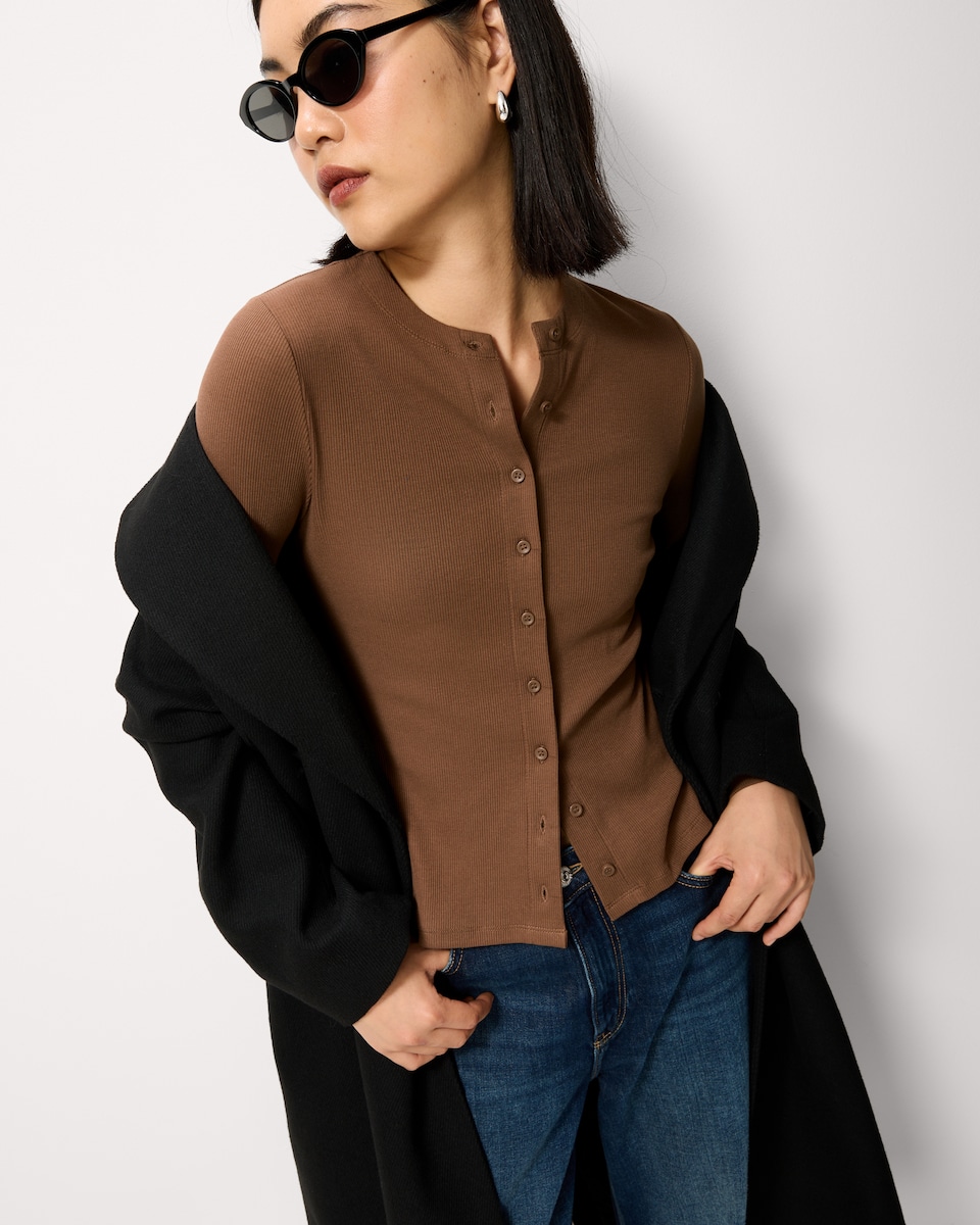 image 1 of F&F Cotton Rich Ribbed Button Up Top in Brown