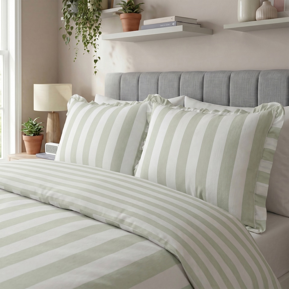 image 1 of Silentnight Supersoft Frilled Green Stripe Duvet Cover Set King
