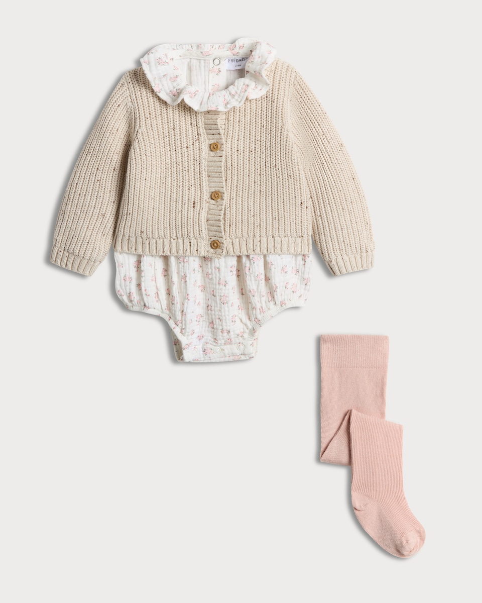 image 1 of F&F Baby 3-Piece Floral Romper, Cardigan and Tights Set in Pink