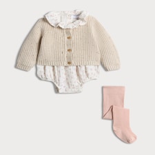 F&F Baby 3-Piece Floral Romper, Cardigan and Tights Set in Pink