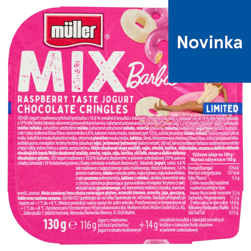 image 1 of Müller Mix Barbie Raspberry Taste Jogurt with Chocolate Cringles 130 g