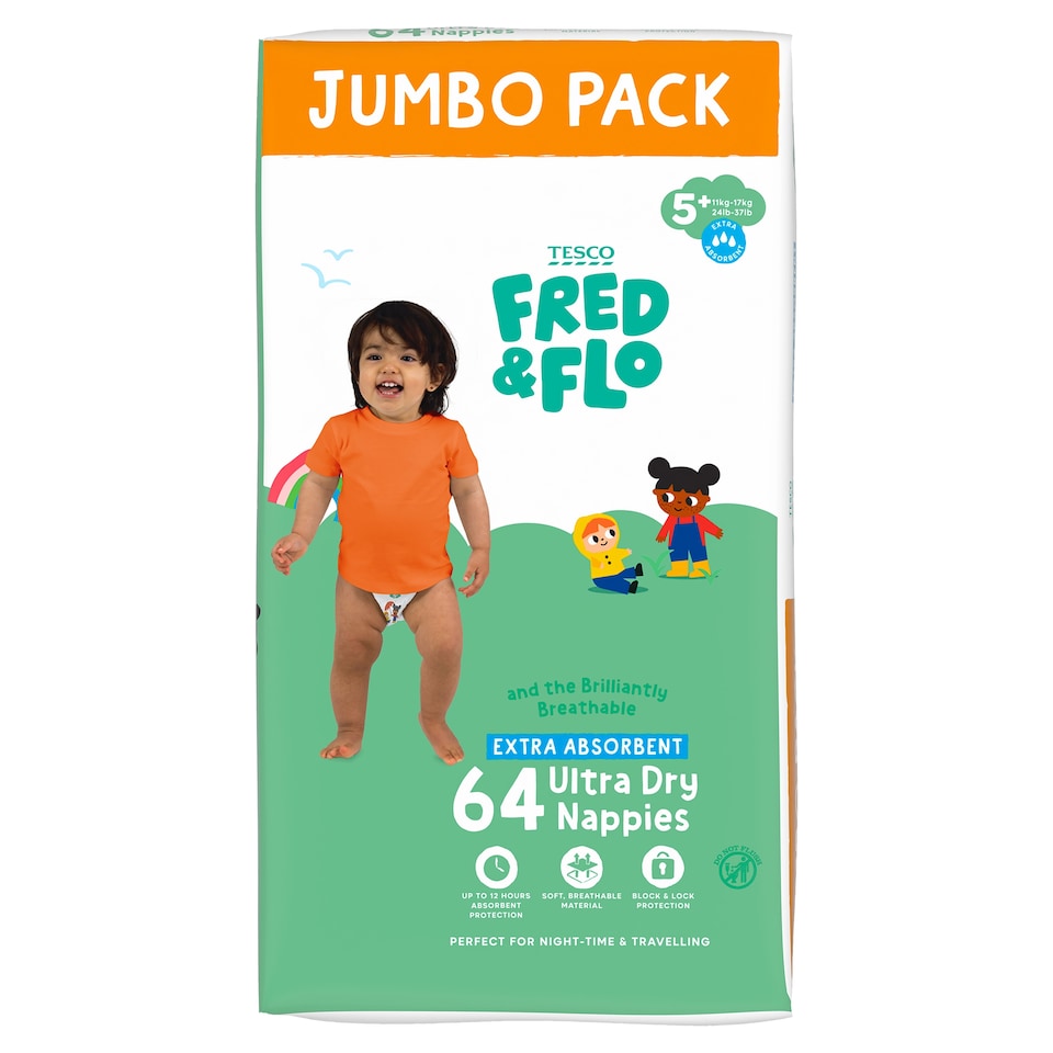 Fred & Flo Ultra Dry Nappies Size 5+ Jumbo Pack 64 Pack