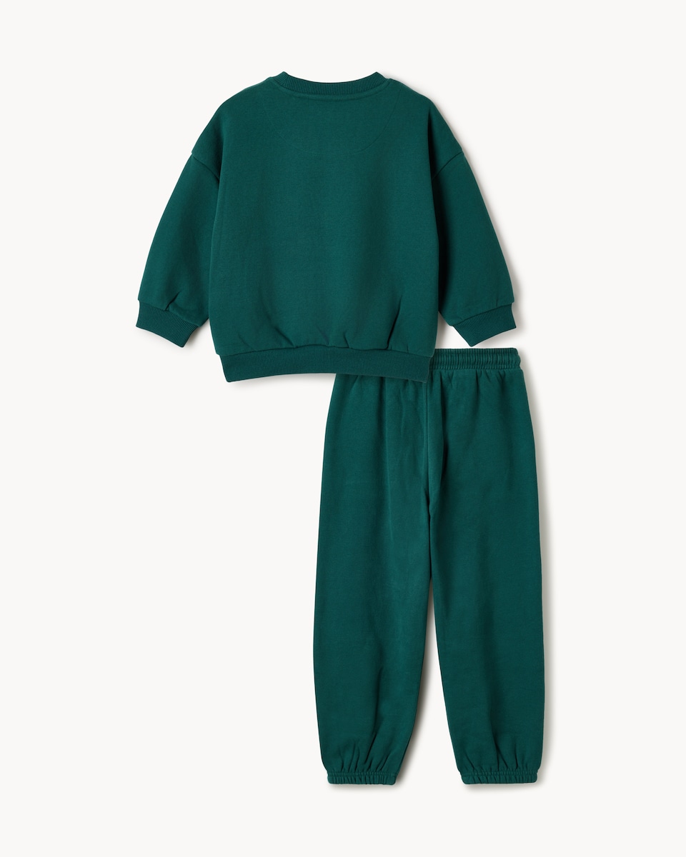 image 1 of F&F Boys Cotton Rich Vehicle Print Sweatshirt and Joggers Set in Green