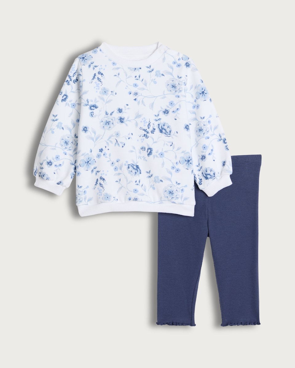 image 1 of F&F Baby 2-Piece Cotton Rich Floral Sweatshirt and Legging Set in Blue