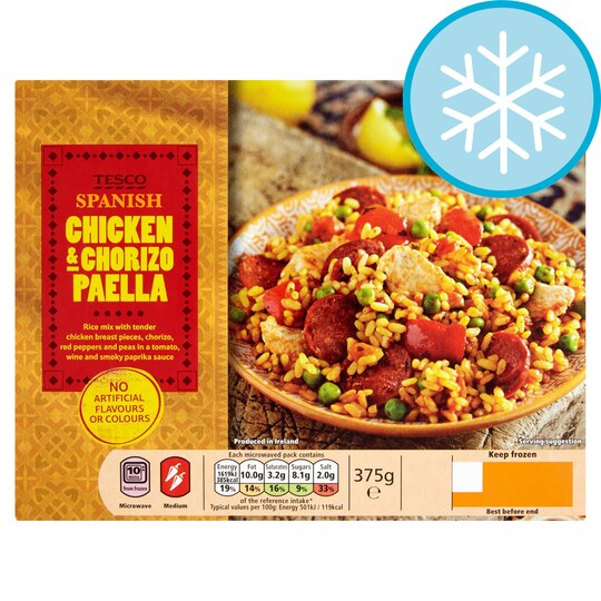 TESCO SPANISH CKN & CHORIZO PAELLA 375G Tesco Groceries